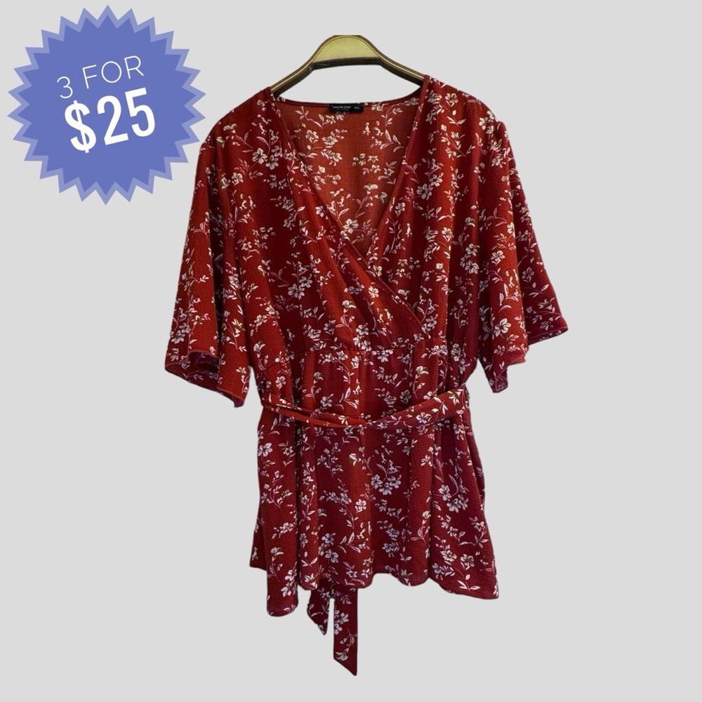 SHEIN Women’s Blouse 3XL Faux Wrap Peplum Wide Sleeves Orange White Floral